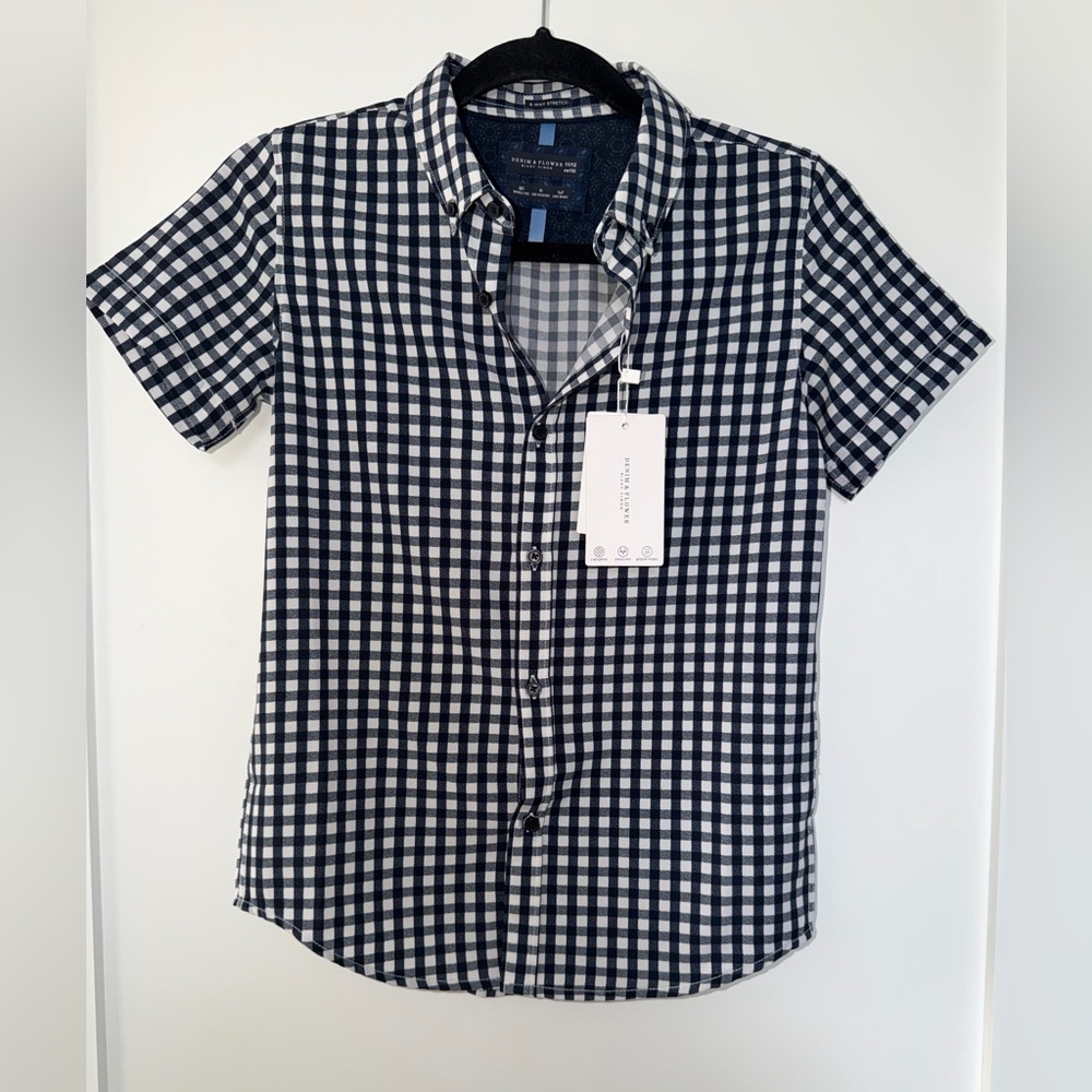 Denim & Flower Ricky Singh Button Down Shirt Blue/White Gingham size 11/12 NWTS